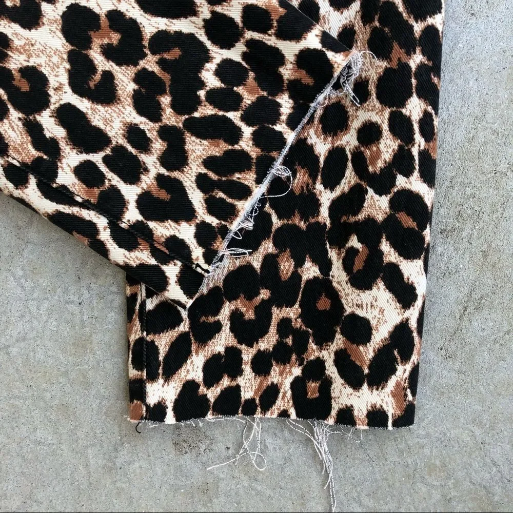 Paige Hoxton Straight Ankle hi high waisted Jeans Leopard Print brown raw hem 24